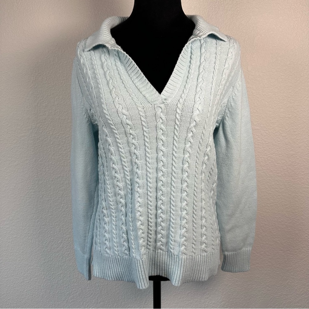 Talbots Cotton Cable Knit Collared Sweater Light Blue Size M